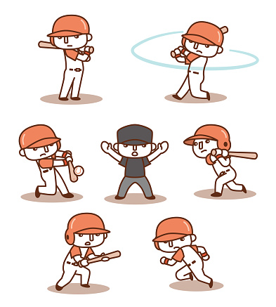 Set of vector illustrations playing baseball, batter, runner,umpire
