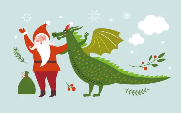 Vector illustration of Cute Dragon and Santa. New Year of the green Dragon on the eastern calendar. Greeting card