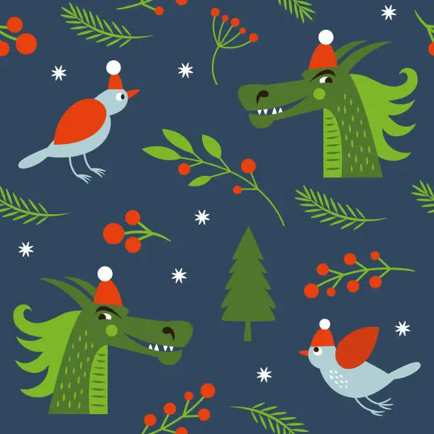 Vector illustration of Seamless pattern with cute dragons and little birds, christmas illustration, happy new year