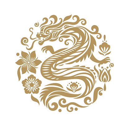 Chinese Happy New Year 2024. Year of the Dragon. Symbol of New Year. Golden Dragon in circle