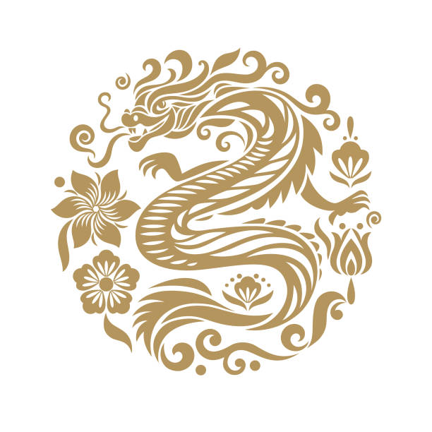 Chinese Happy New Year 2024. Year of the Dragon. Symbol of New Year. Golden Dragon in circle vector art illustration