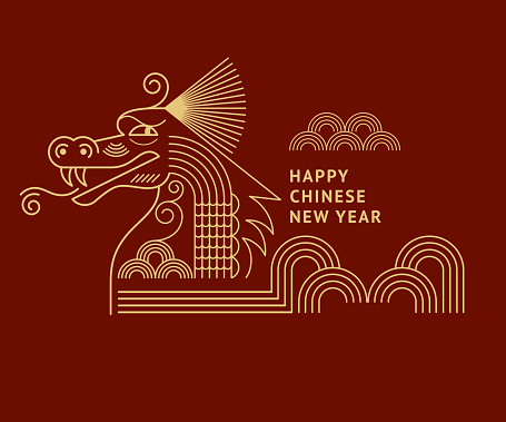 Chinese Happy New Year 2024. Year of the Dragon. Symbol of New Year. Dragon in geometric flat modern style, line art