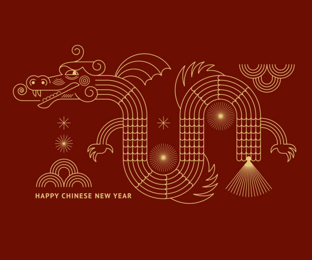 Chinese Happy New Year 2024. Year of the Dragon. Symbol of New Year. Dragon in geometric flat modern style, line art vector art illustration