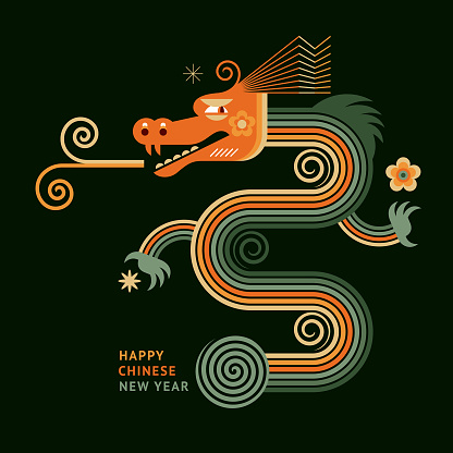 Chinese Happy New Year 2024. Year of the Dragon. Symbol of New Year. Color striped dragon in geometric flat modern style on a dark background