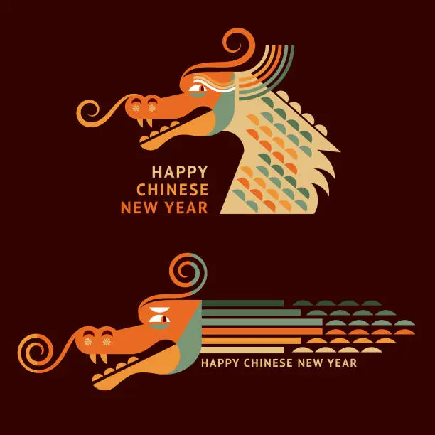 Vector illustration of Happy new year 2024 year of the dragon. Two dragons in geometric flat modern style, logo design