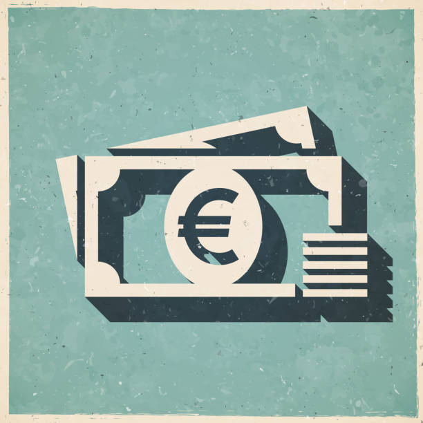 Euro - Cash money. Icon in retro vintage style - Old textured paper Icon of "Euro - Cash money" in a trendy vintage style. Beautiful retro illustration with old textured paper and a black long shadow (colors used: blue, green, beige and black). Vector Illustration (EPS file, well layered and grouped). Easy to edit, manipulate, resize or colorize. Vector and Jpeg file of different sizes. background of a euro coins stock illustrations
