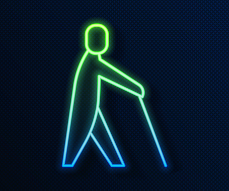 Glowing neon line Blind human holding stick icon isolated on blue background. Disabled human with blindness. Vector.