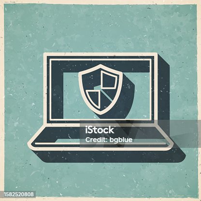 istock Laptop with shield. Icon in retro vintage style - Old textured paper 1582520808