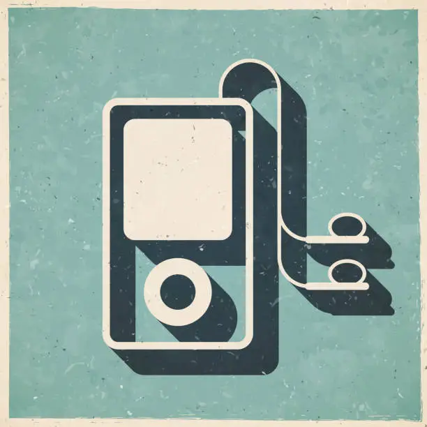 Vector illustration of Mp3 player with earphones. Icon in retro vintage style - Old textured paper