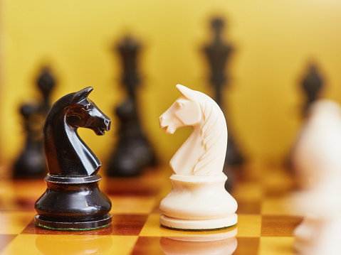 Face-to-face chess knights symbolize competition.