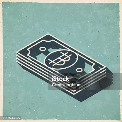 istock Isometric Bitcoin banknotes. Icon in retro vintage style - Old textured paper 1582533349