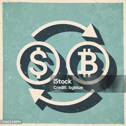 istock Currency exchange - Dollar Bitcoin. Icon in retro vintage style - Old textured paper 1582533894