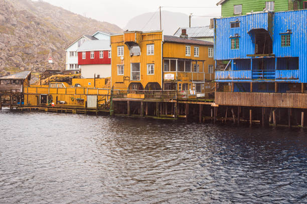 A yellow house with blue windows and multiple windows on its facade