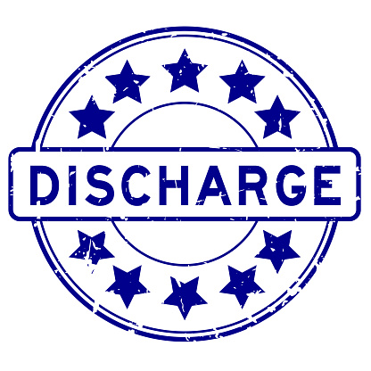 Grunge blue discharge word with star icon round rubber seal stamp on white background