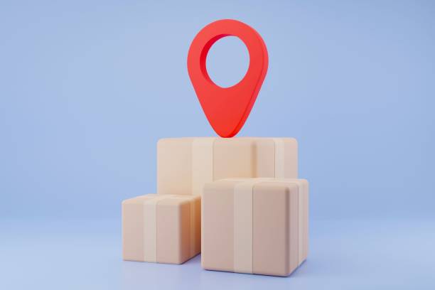 istock Red location sign on stacked boxes against a pale blue background. 3d render. 1582541091
