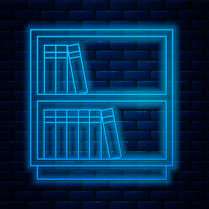 Glowing neon line Library bookshelf icon isolated on brick wall background. Vector.