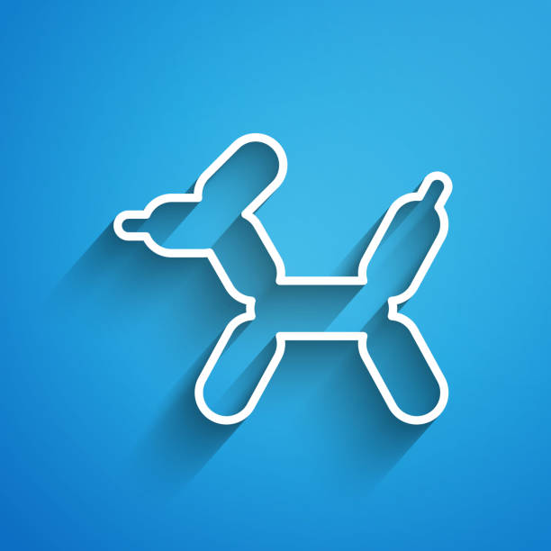 biała linia ikona psa balonowego na niebieskim tle. długi cień. wektor - balloon twisted shape animal stock illustrations