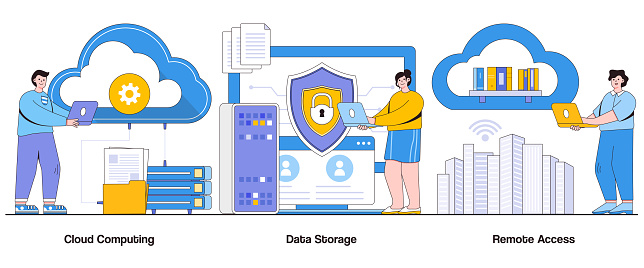 Cloud Computing, Data Storage, Remote Access Concept with Character. Digital Infrastructure Abstract Vector Illustration Set. Scalability, Efficiency, Flexible Solutions Metaphor.