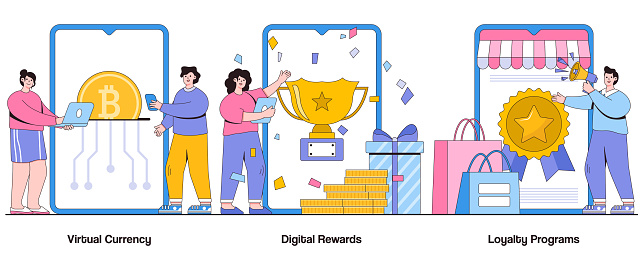 Virtual Currency, Digital Rewards, Loyalty Programs Concept with Character. Digital Incentives Abstract Vector Illustration Set. Recognition, Loyalty, Digital Value Exchange Metaphor.