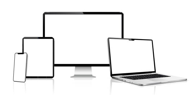 istock Realistic computer screen, laptop, tablet, phone. Flat lay detailed and realistic devices mockup 1582560495