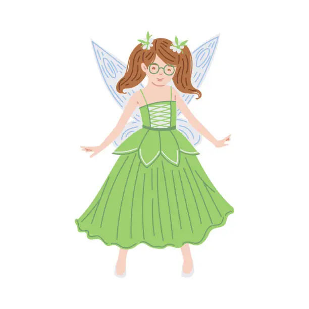 Vector illustration of Pretty princess in green dress with flowers in hair, romantic fairy with wings, multi ethnic princesses vector collection