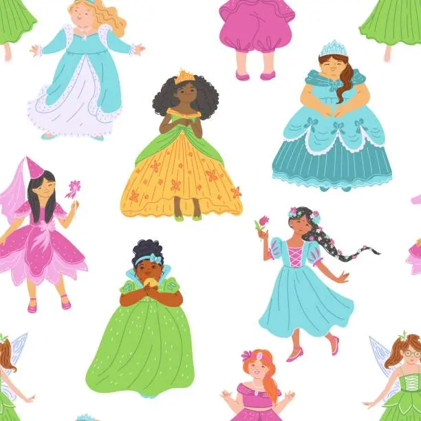 Vector illustration of Seamless pattern with pretty multi ethnic princesses, fairy tale girls in beautiful dresses vector fashion illustration
