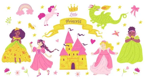 Vector illustration of Fairy tale characters collection set, multi ethnic beautiful princesses, castle, dragon, unicorn vector illustration