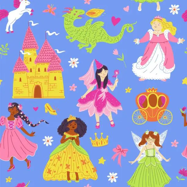 Vector illustration of Seamless vector pattern with fairy tale characters and symbols, multi ethnic beautiful princesses, castle, brougham