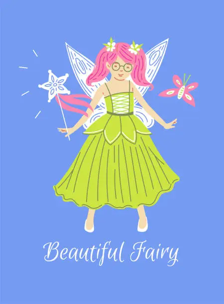 Vector illustration of Pretty princess in green dress with flowers in pink hair, vector fairy with wings and magic wand, multi ethnic princess