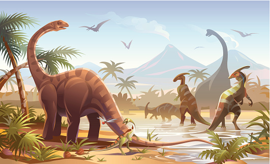 Detailed illustration of dinosaurs in a prehistoric scene. EPS8, fully editable and labeled in layers.