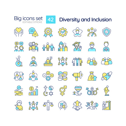 Diversity and inclusion RGB color icons set. Equal opportunity. Unconscious bias. Social justice. Isolated vector illustrations. Simple filled line drawings collection. Editable stroke