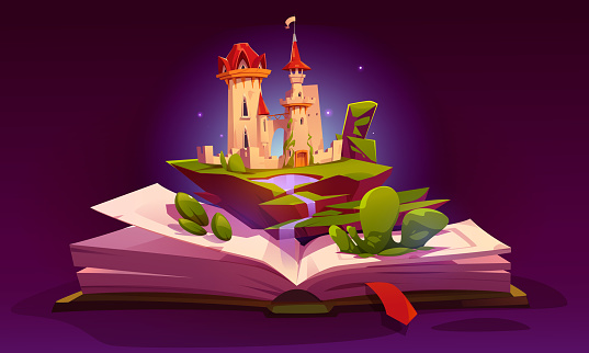 Open book with fairy tale castle on pages and bookmark. Vector cartoon illustration of storybook with magic kingdom palace, green island landscape and waterfall. Reading hobby for education and fun