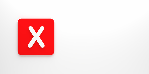 Rejection, error , wrong and voting no concepts. X symbol cross mark on red push button on white background. 3D render.