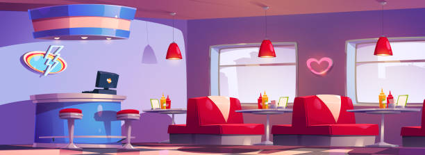 American retro diner interior with furniture American retro diner interior with furniture. Vector cartoon illustration of traditional fast food restaurant with cashdesk, red sofas, mustard and ketchup bottles on tables, neon led decor on wall indoors bar restaurant sofa stock illustrations