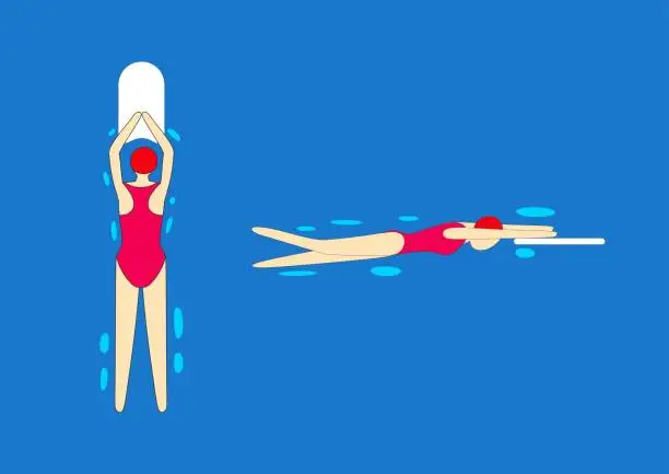 Vector illustration of Swimmer with swimming board. Professional sport. Swimming pool instruction.
