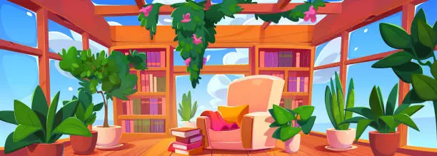 Vector illustration of Empty glass living room or library with armchair