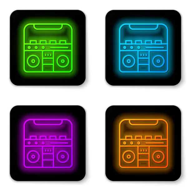 Vector illustration of Glowing neon line Home stereo with two speakers icon isolated on white background. Music system. Black square button. Vector