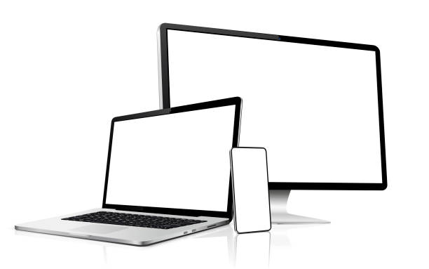 Realistic computer screen, laptop, phone. Flat lay detailed and realistic devices mockup Realistic computer monitor, laptop, and smartphone. Flat lay detailed and realistic devices mockup. Vector illustration. device mockups stock illustrations