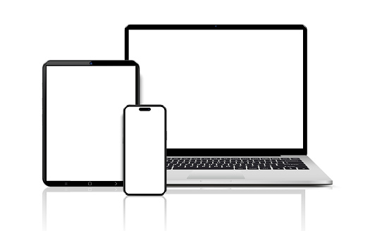 Laptop computer, tablet and mobile phone. Flat lay detailed and realistic devices mockup. Vector illustration.
