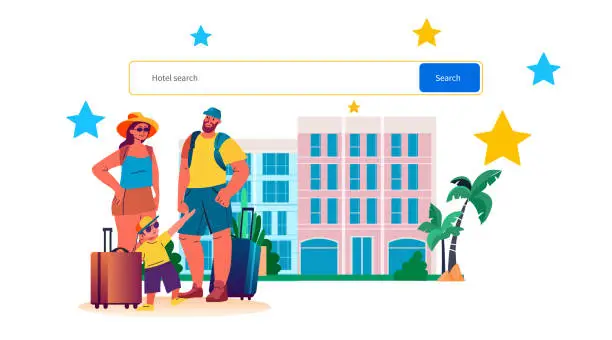 Vector illustration of happy family with baggage booking hotels online summer vacation holiday time to travel concept