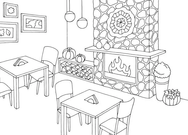 Vector illustration of Cafe with a fireplace interior graphic black white sketch illustration vector