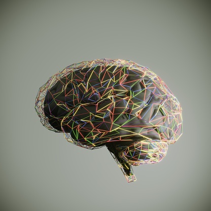 Multi colored and connected lines shaped of human brain symbolizing neural connections in brain and artificial intelligence. (3d render)