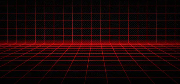 Vector illustration of Red laser grid cyber newretrowave 3d background