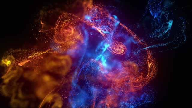 Fire and ice background animation. Fluid motion of orange and blue particles mixing in the water. Fire and ice fluid movement. Ink drops mixing together. Bright glowing fluid movement.