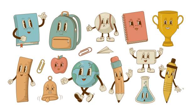 Back to school. Set of retro cartoon school supplies characters. Back to school. Set of retro cartoon school supplies characters. Pen, pencil, backpack, baseball, book, backpack, geography mascot. Vintage stationery vector illustration. Nostalgia ruler doodle stock illustrations