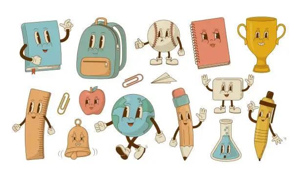 Vector illustration of Back to school. Set of retro cartoon school supplies characters.