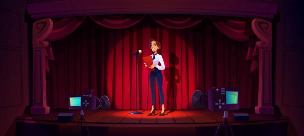 ilustraciones, imágenes clip art, dibujos animados e iconos de stock de presentadora sonriendo cerca del micrófono en el escenario - curtain stage theater stage red