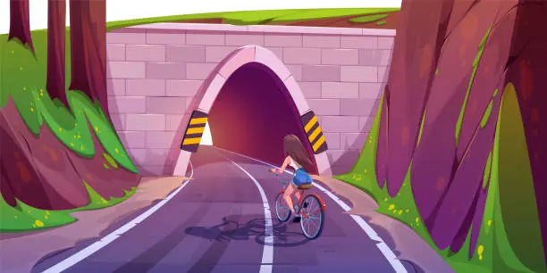 Vector illustration of Girl cycling on highway with tunnel through hill
