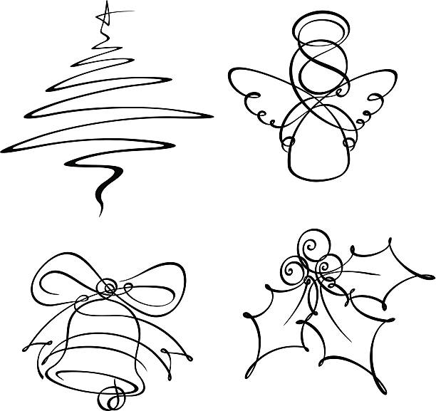 cztery świąt bożego narodzenia linia ikon - christmas christmas tree angel decoration stock illustrations