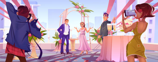 illustrations, cliparts, dessins animés et icônes de décor fleuri scène de mariage et dessin animé de couple - champagne wedding pink petal